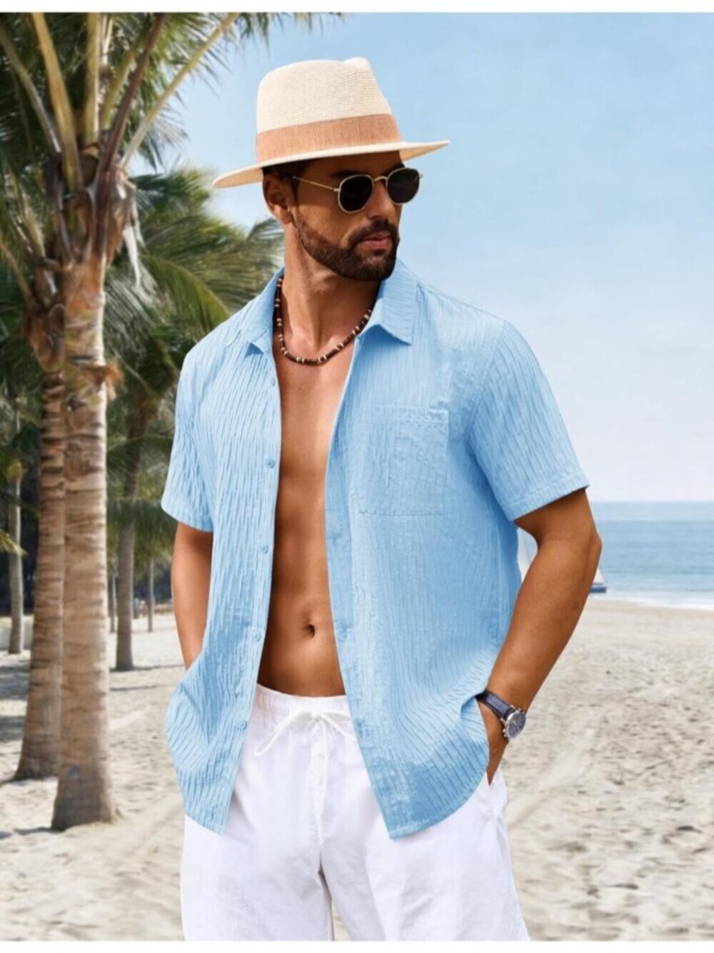 Men's Sky Blue Short Sleeve Casual Textured Polyester Button Down Shirts - Picture 4 of 6
